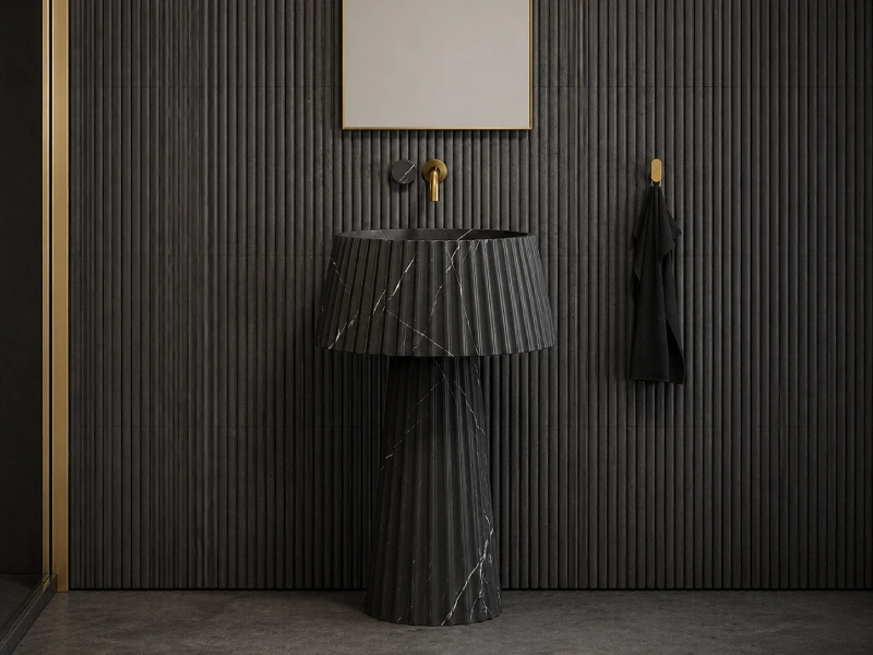 Fluted Black Marble Pedestal Wash Basin
