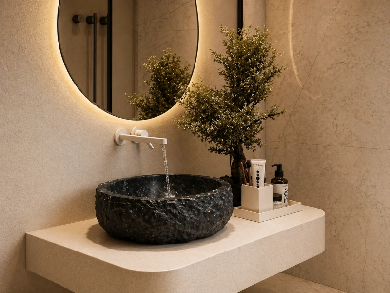 Black Stone Textured Round Basin
