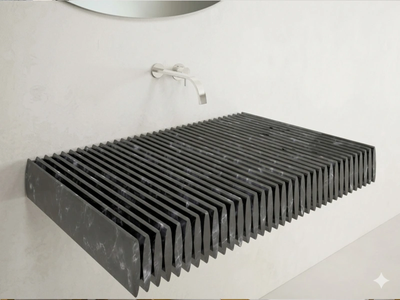 Sculptural Slatted Black Marble Basin