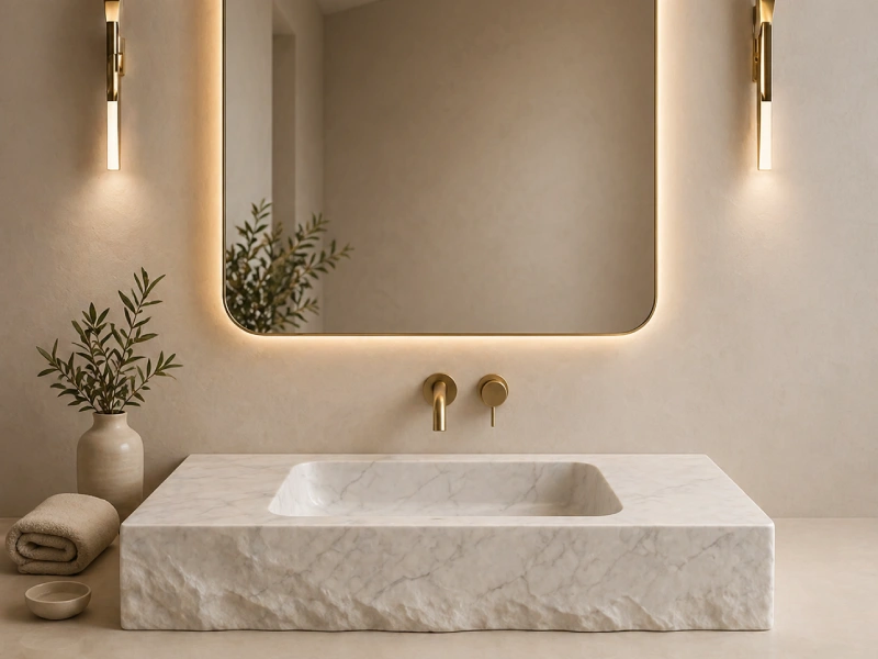 White Marble Rectangular Integrated Basin