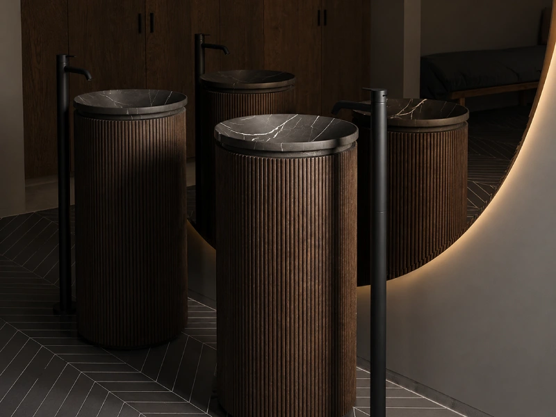 Luxury Ribbed Wood & Marble Pedestal Wash Basin