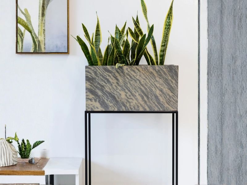 Stone-Textured Rectangular Planter Box with Black Metal Stand