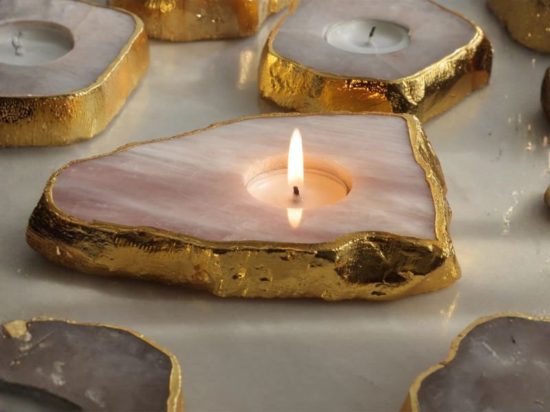 Semi Precious Tealight Holder – Rose Quartz & Gold